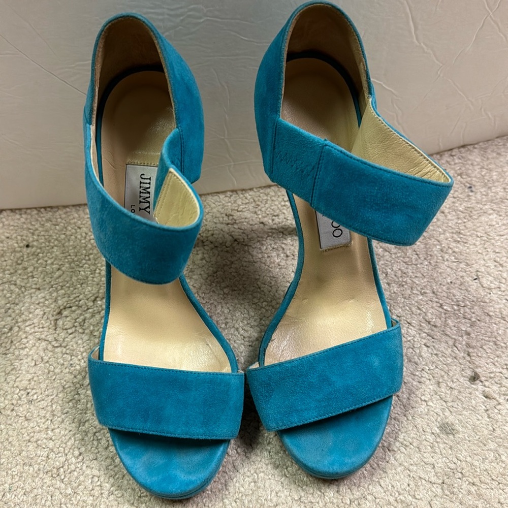 Women’s Jimmy Choo Platform Turquoise Suede Strappy Heels Size 37EU